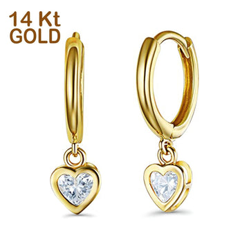 14K Yellow Gold Fancy Huggie Dangle Heart CZ Earrings (22mm)